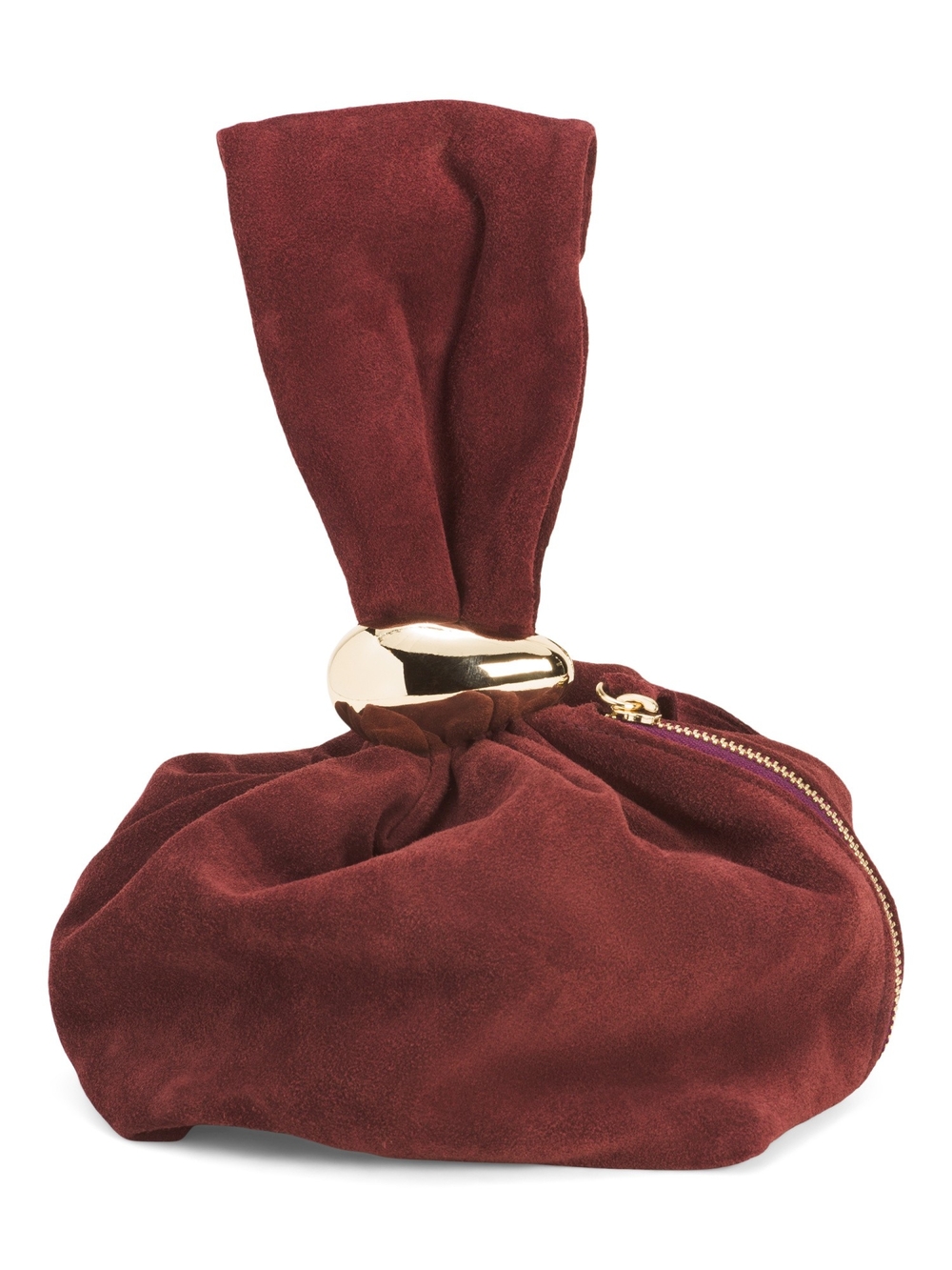 Knot Suede Wristlet Clutch in Burgundy with Gold Accent